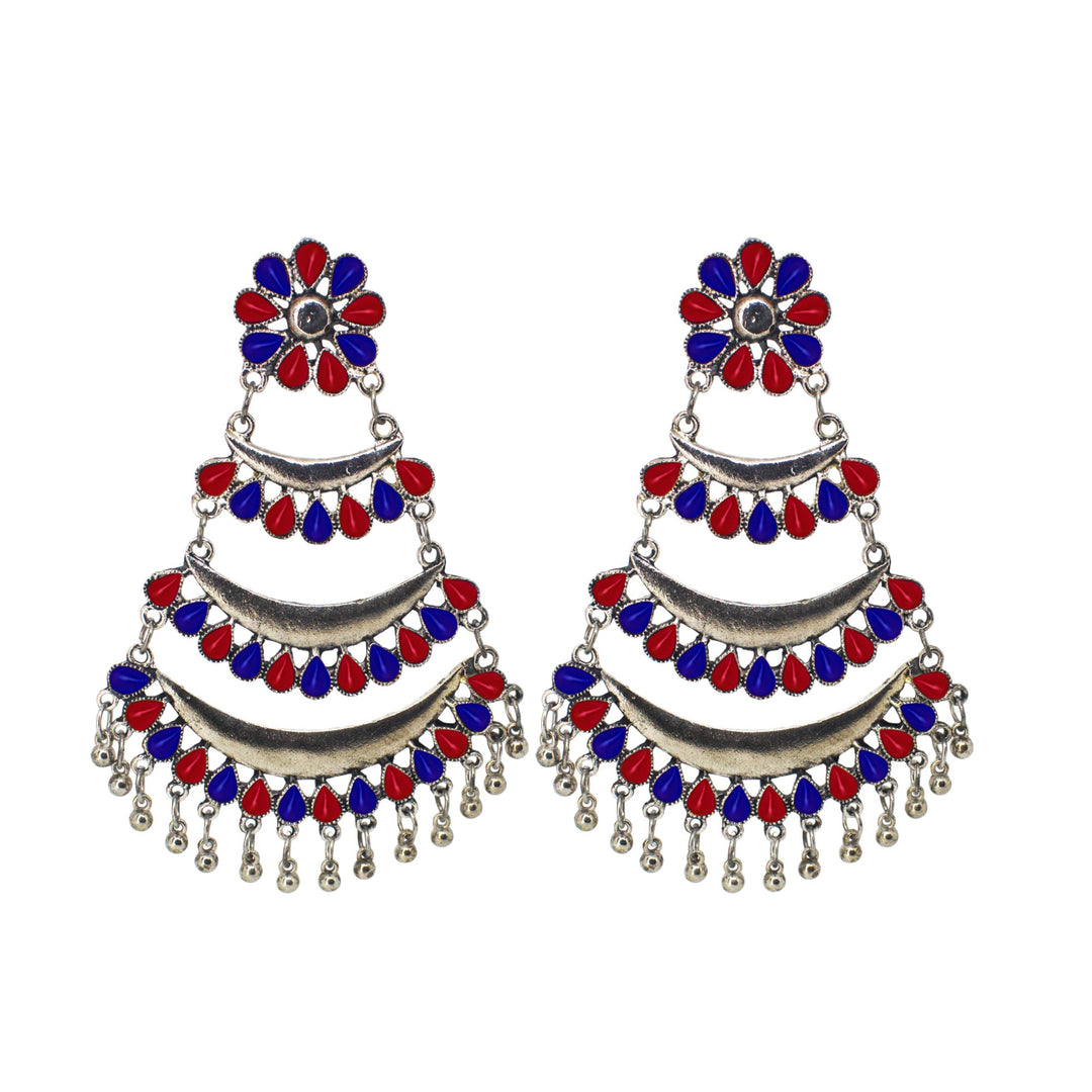 Abhinn Silver Oxidised Triple Layered Multi Colour Blue-Red Dangler Earrings For Women