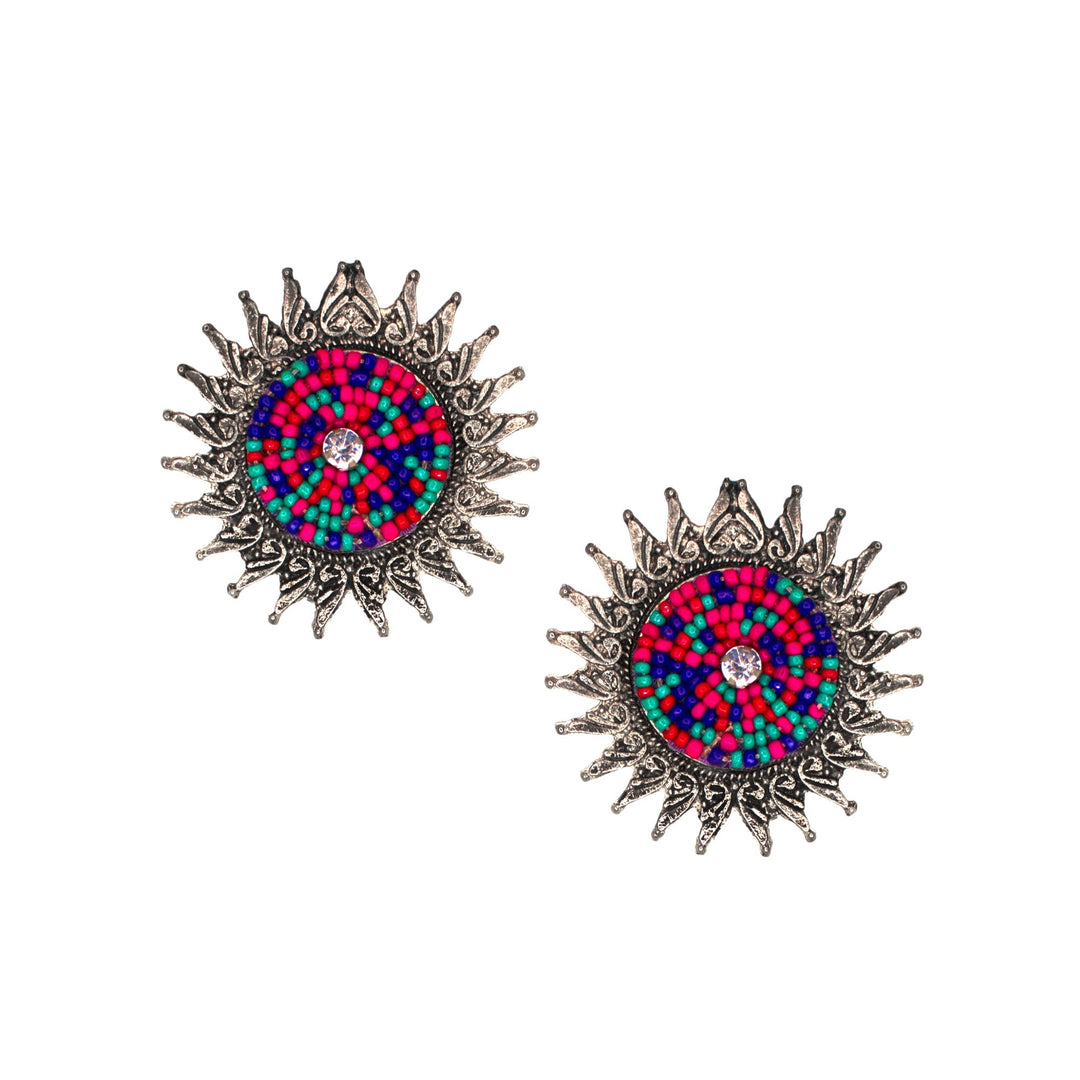 Abhinn Unique Oxidised Silver Sun Shaped Multi Color Beaded Stud Earrings For Women