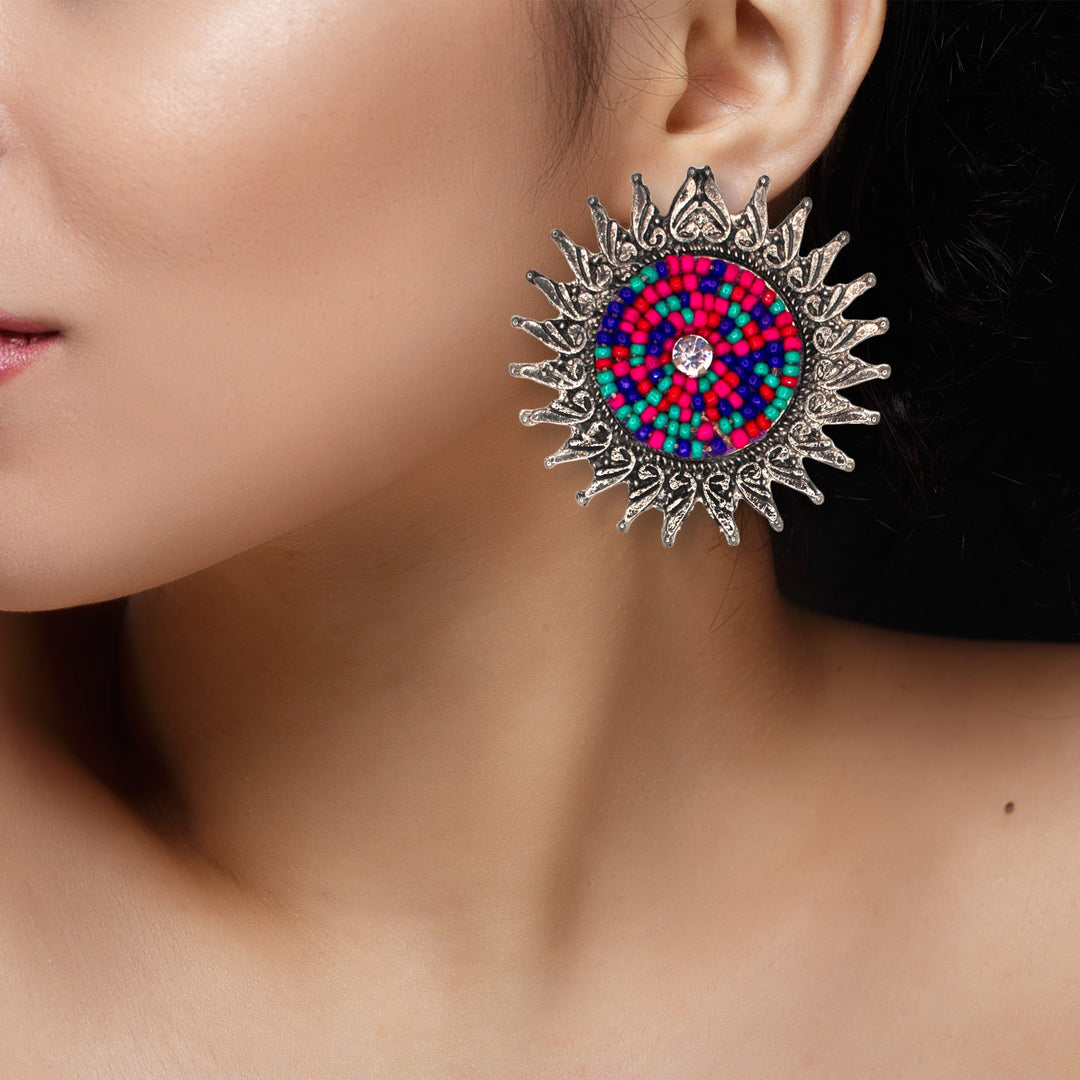 Abhinn Unique Oxidised Silver Sun Shaped Multi Color Beaded Stud Earrings For Women