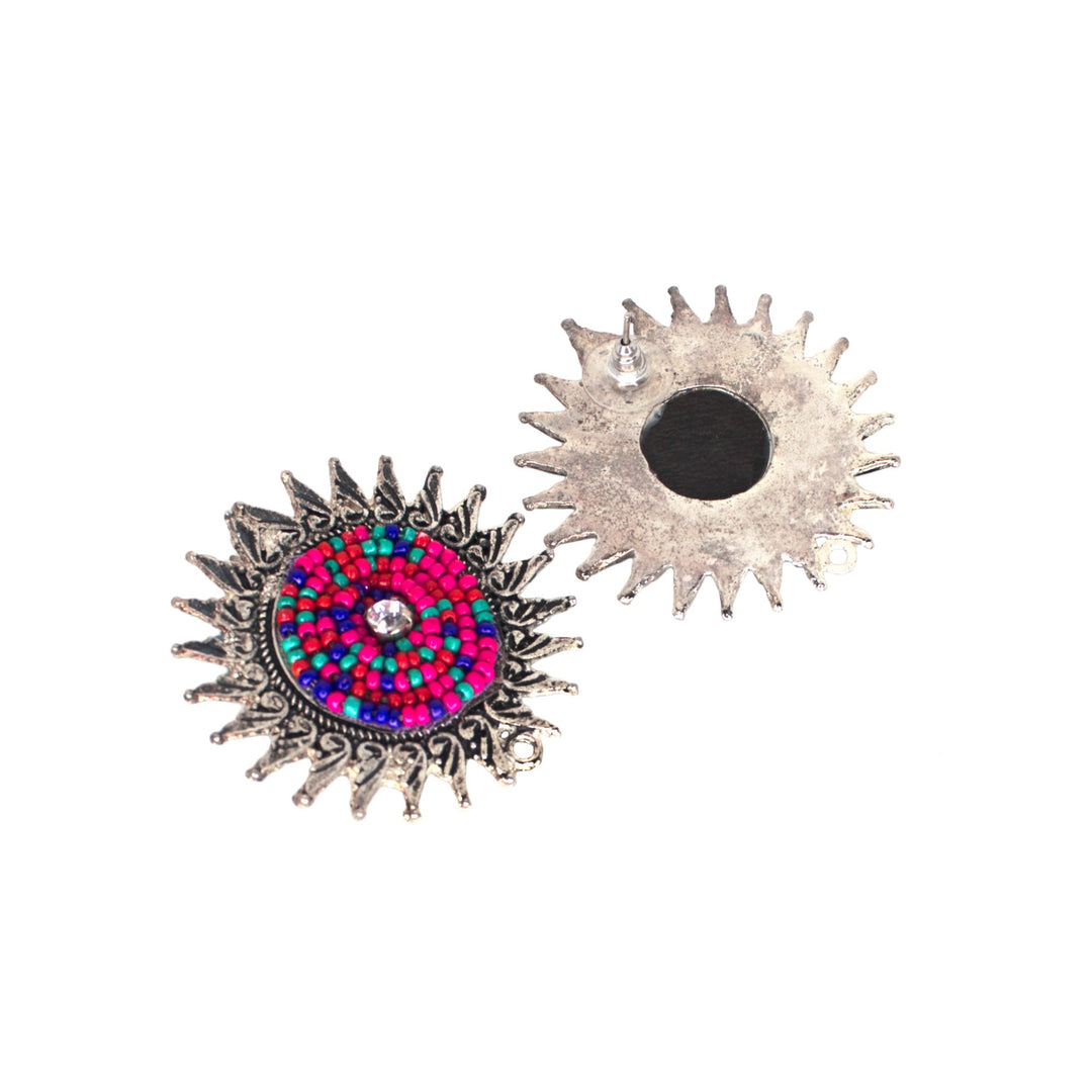 Abhinn Unique Oxidised Silver Sun Shaped Multi Color Beaded Stud Earrings For Women