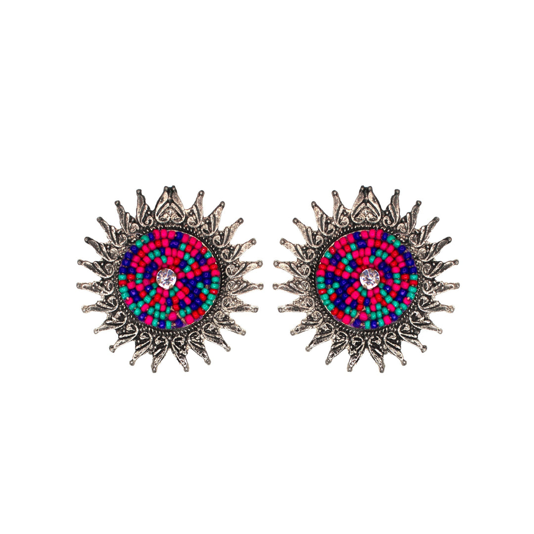 Abhinn Unique Oxidised Silver Sun Shaped Multi Color Beaded Stud Earrings For Women