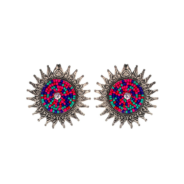 Abhinn Unique Oxidised Silver Sun Shaped Multi Color Beaded Stud Earrings For Women