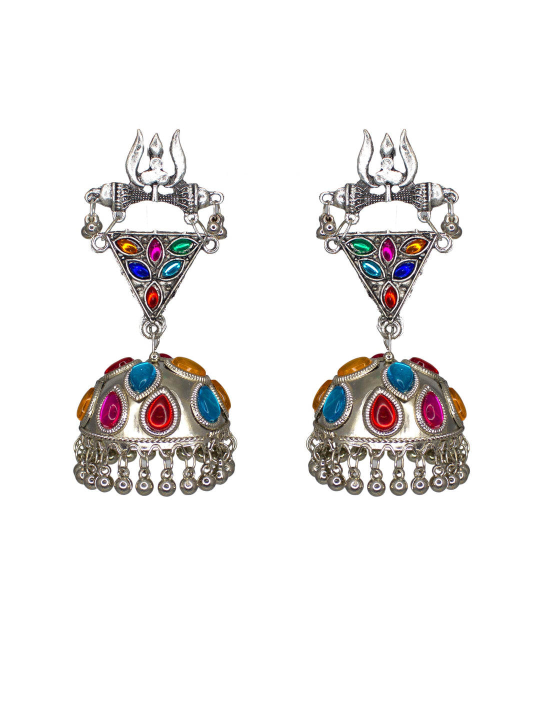Abhinn Silver Oxidised Shiva Trishul Studs With Multi Colour Jhumka Earring For Women 