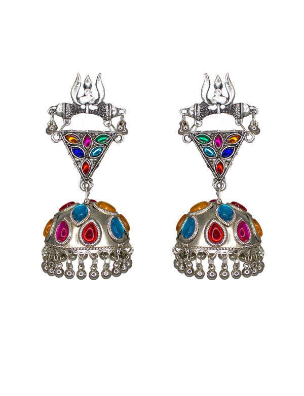 Abhinn Silver Oxidised Shiva Trishul Studs With Multi Colour Jhumka Earring For Women 