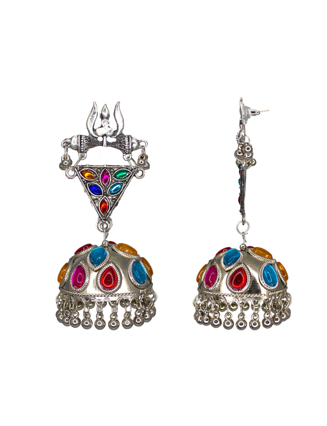 Abhinn Silver Oxidised Shiva Trishul Studs With Multi Colour Jhumka Earring For Women