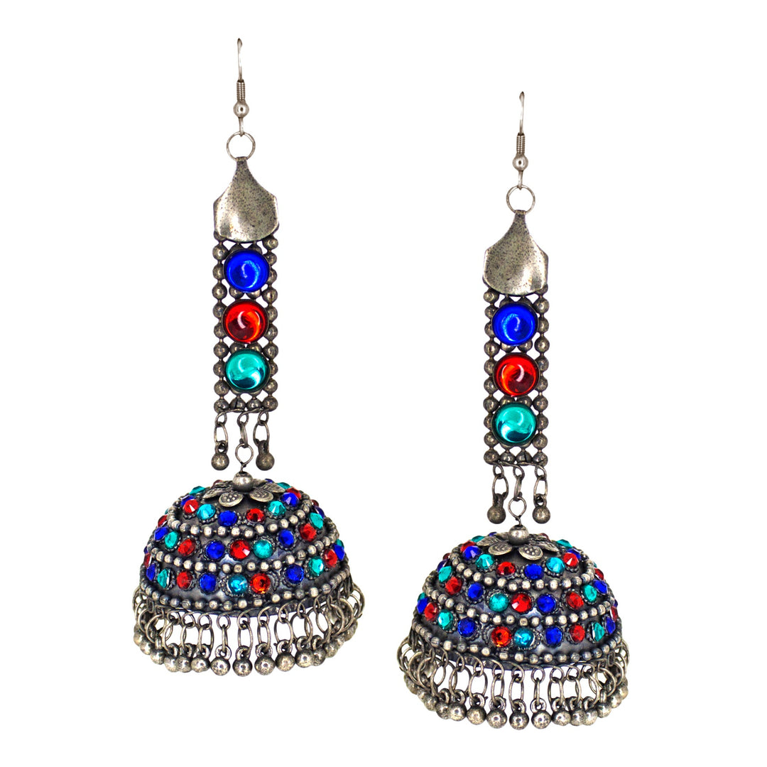 Abhinn Afghani Silver Oxidised Multi Color Unique Jhumka Earrings For Women