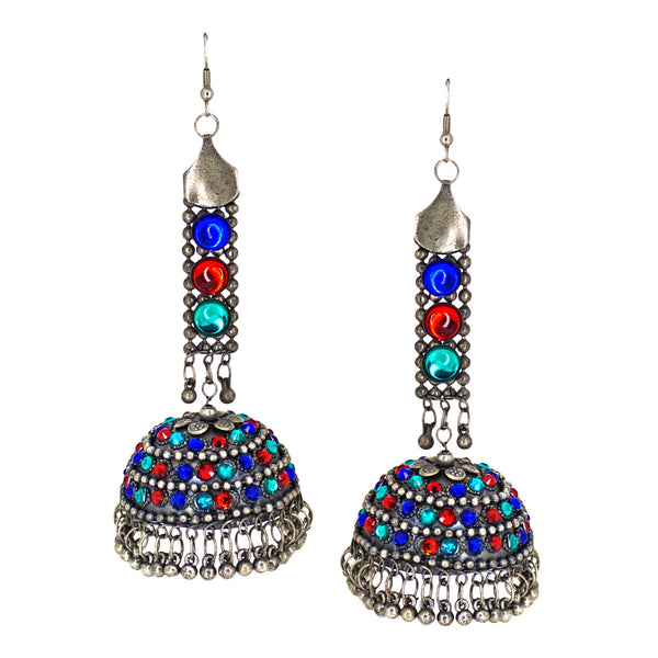 Abhinn Afghani Silver Oxidised Multi Color Unique Jhumka Earrings For Women