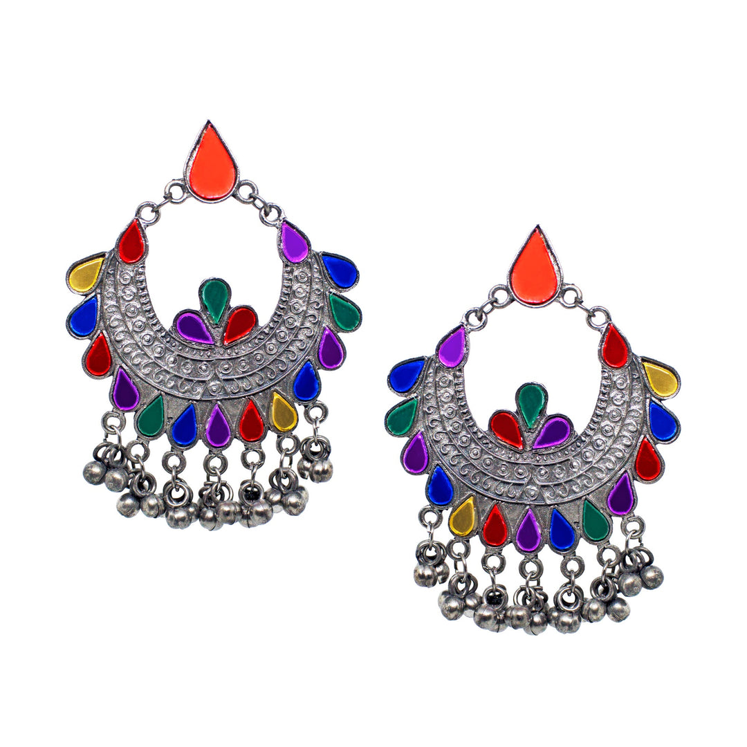Abhinn Afghani Silver Oxidised Temple Design Multi Color Dangler Earrings For Women