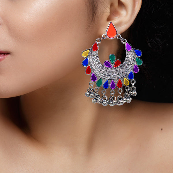 Abhinn Afghani Silver Oxidised Temple Design Multi Color Dangler Earrings For Women