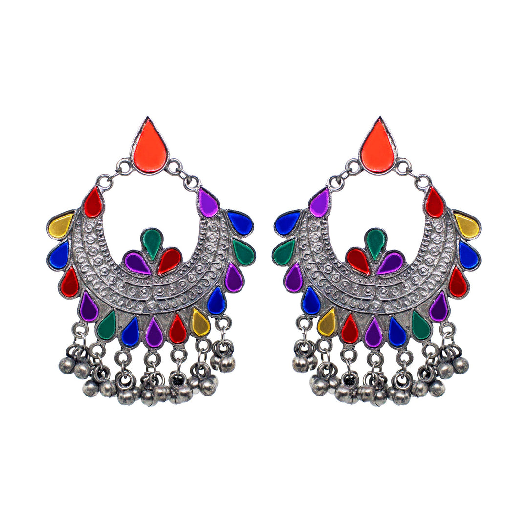 Abhinn Afghani Silver Oxidised Temple Design Multi Color Dangler Earrings For Women