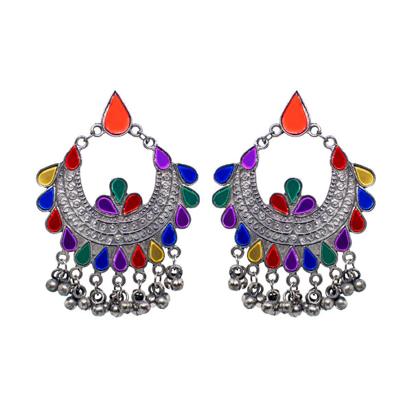 Abhinn Afghani Silver Oxidised Temple Design Multi Color Dangler Earrings For Women