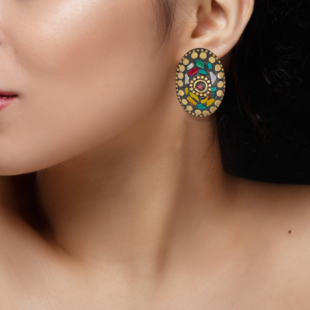 Abhinn Handmade Tibetan Gold Plated Multi-color Oval-shaped Studs Earrings For Women
