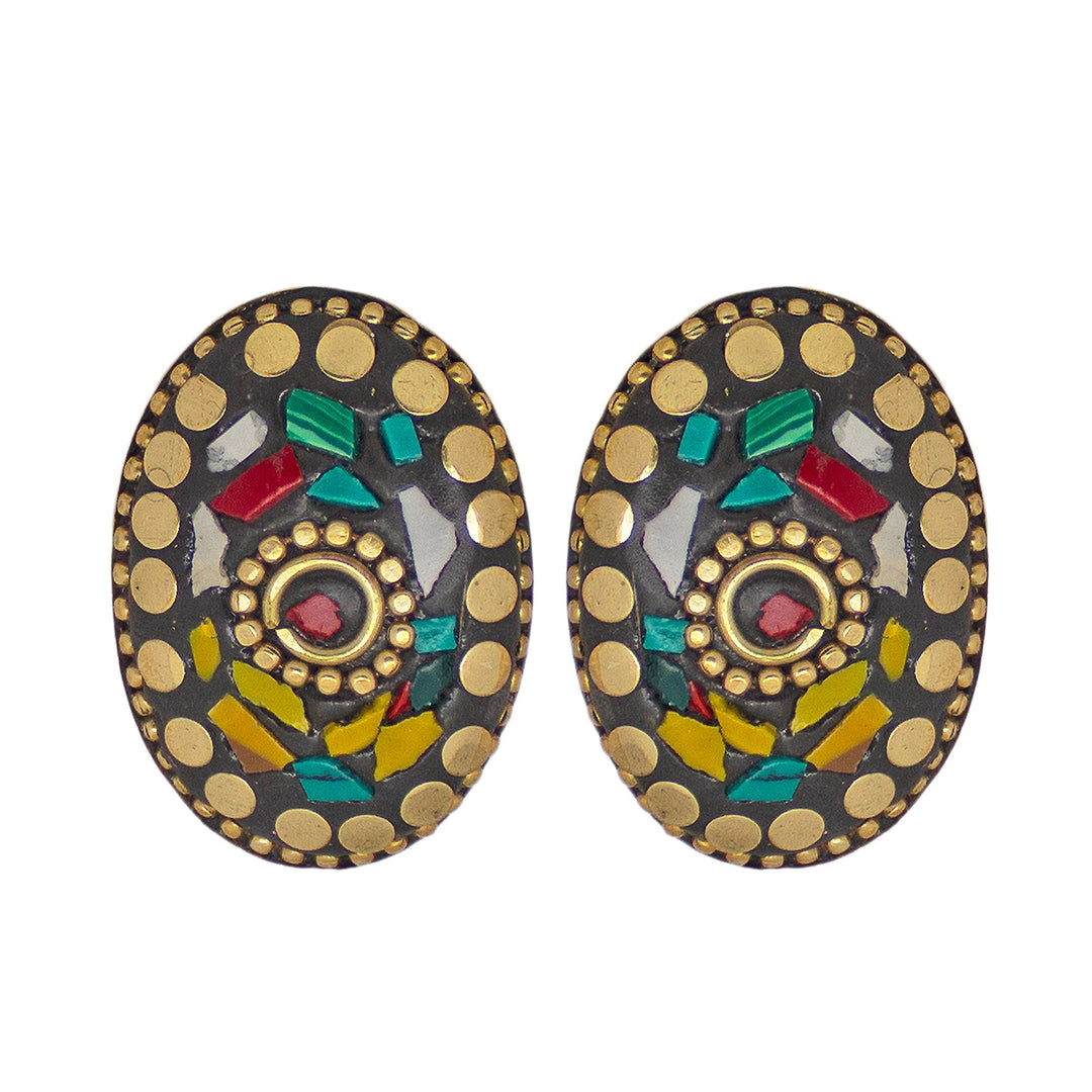 Abhinn Handmade Tibetan Gold Plated Multi-color Oval-shaped Studs Earrings For Women