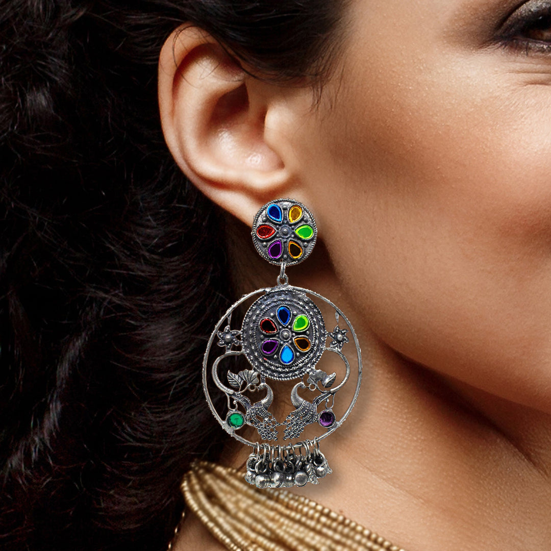 Abhinn Afghani Silver Oxidised Peacock Design Multi Colour Dangler Earrings For Girls