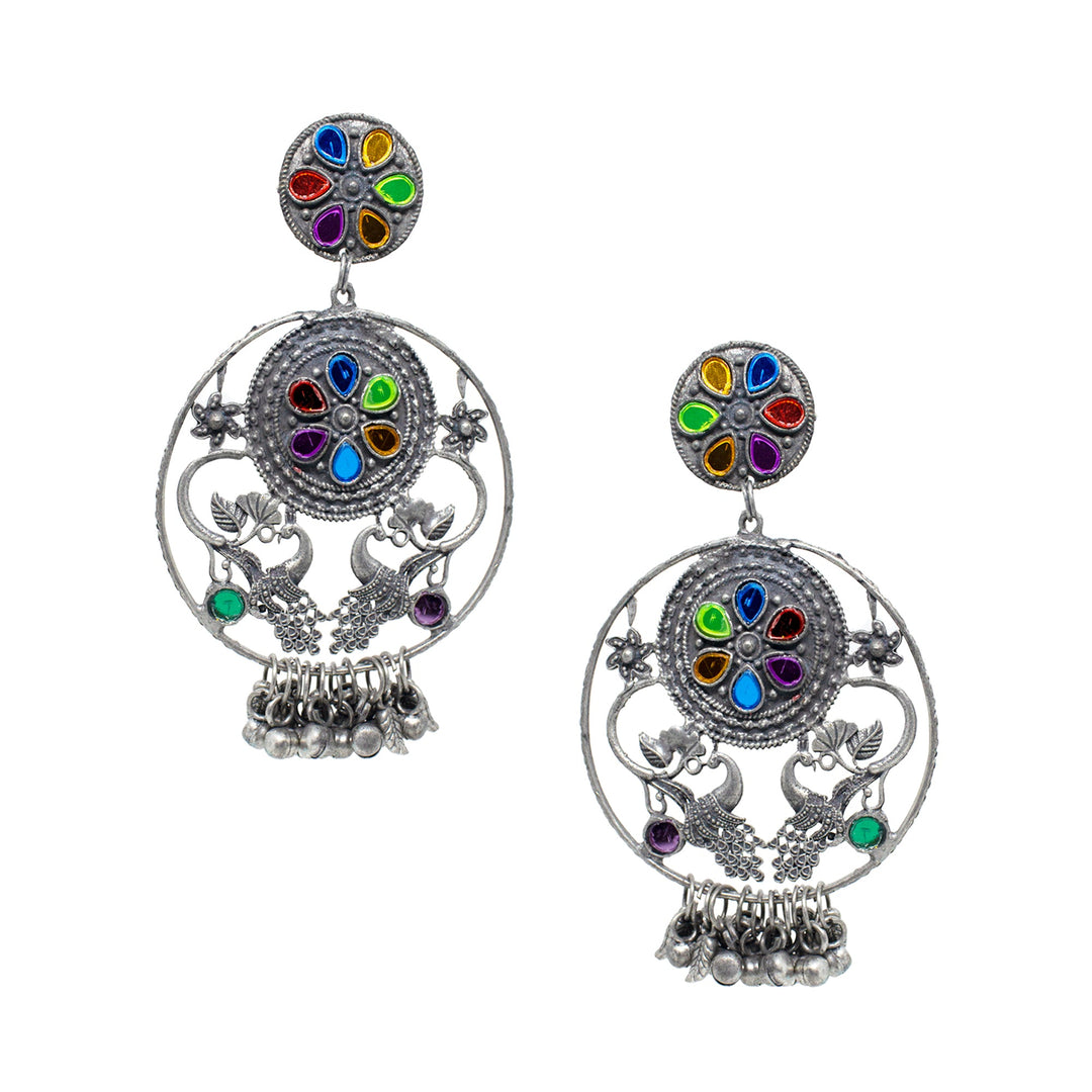 Abhinn Afghani Silver Oxidised Peacock Design Multi Colour Dangler Earrings For Girls
