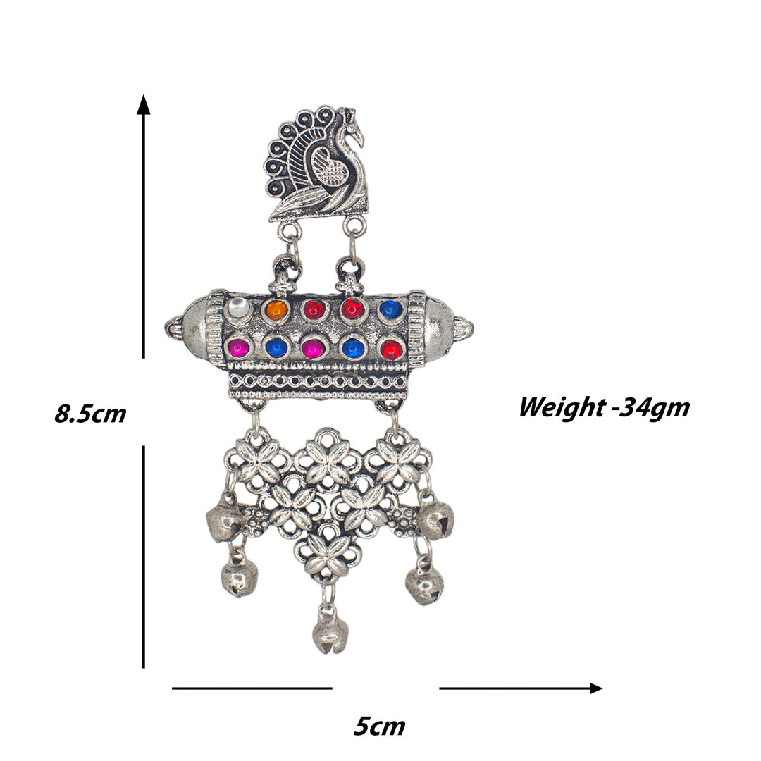 Abhinn Silver Oxidised Peacock and Floral Design Multi Color Dangler Earrings For Women