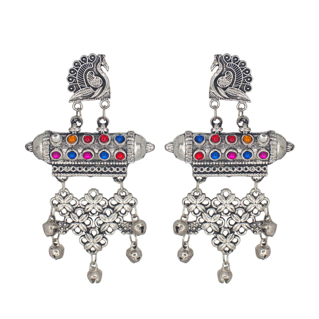 Abhinn Silver Oxidised Peacock and Floral Design Multi Color Dangler Earrings For Women