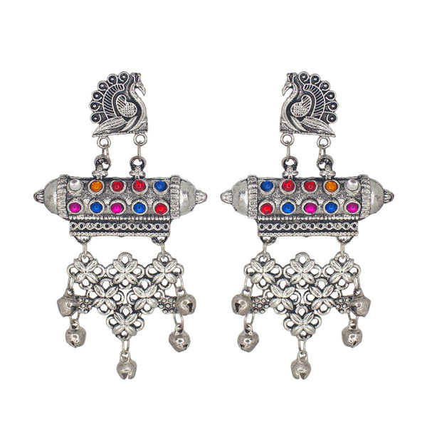 Abhinn Silver Oxidised Peacock and Floral Design Multi Color Dangler Earrings For Women