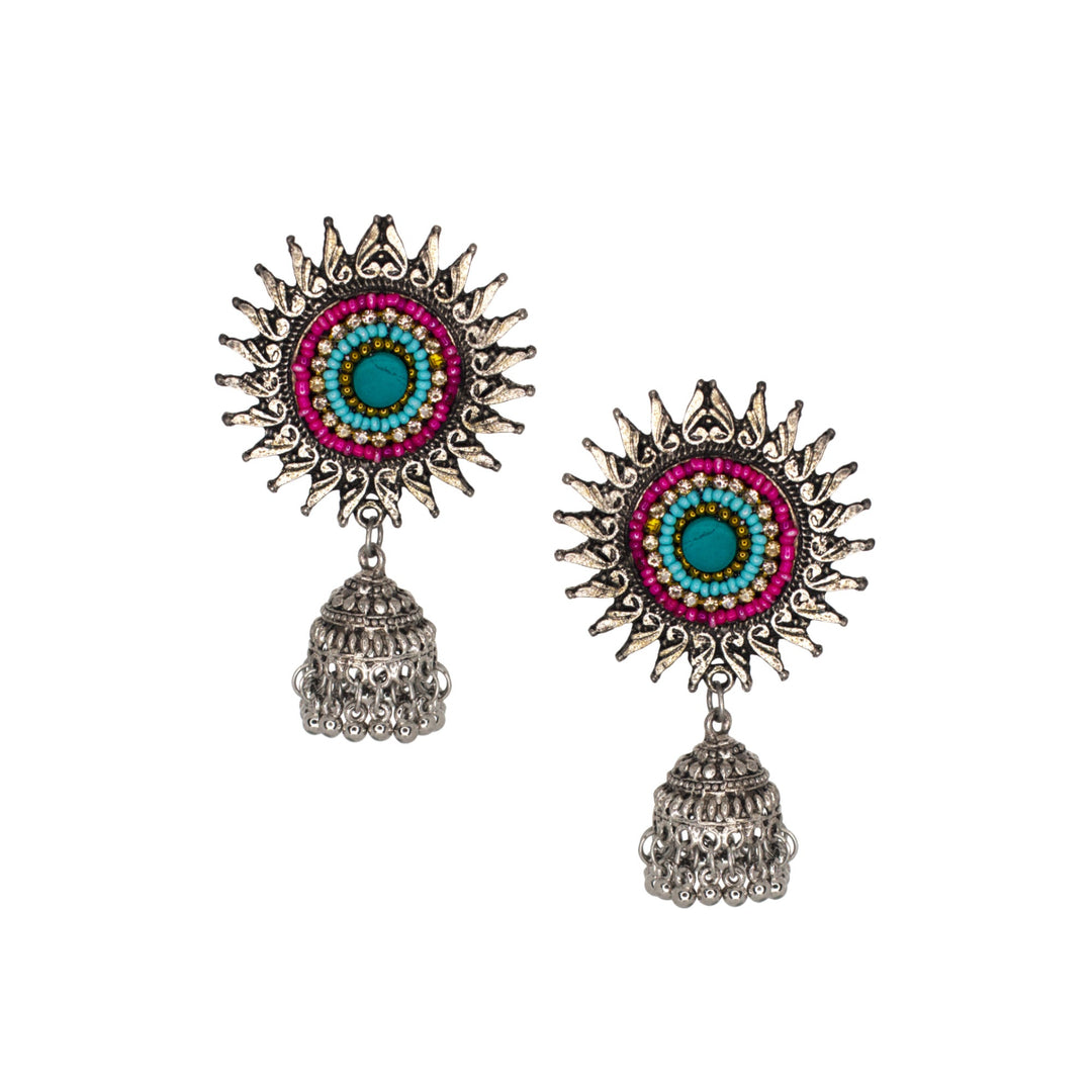 Abhinn Oxidised Silver Sun Shape Multi Color Beaded Jhumka Earrings For Women