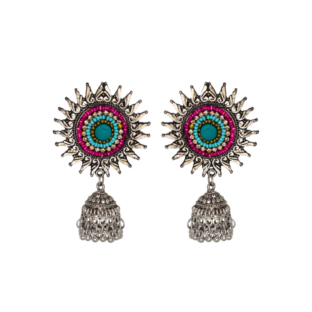 Abhinn Oxidised Silver Sun Shape Multi Color Beaded Jhumka Earrings For Women