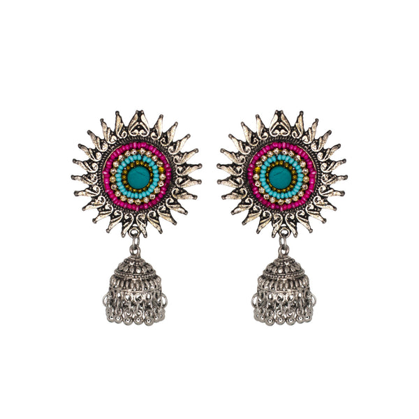 Abhinn Oxidised Silver Sun Shape Multi Color Beaded Jhumka Earrings For Women