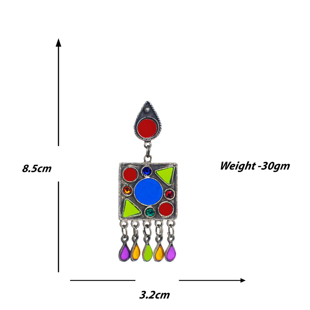 Abhinn Silver Oxidised Afghani Tribal Design Multi Colour Dangler Earrings For Women