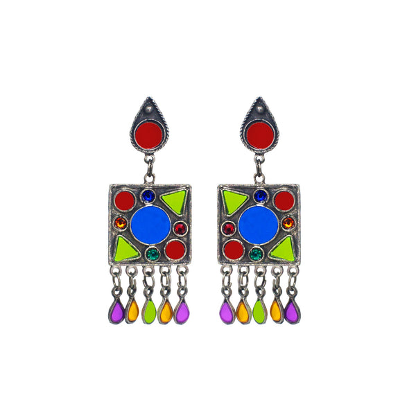 Abhinn Silver Oxidised Afghani Tribal Design Multi Colour Dangler Earrings For Women