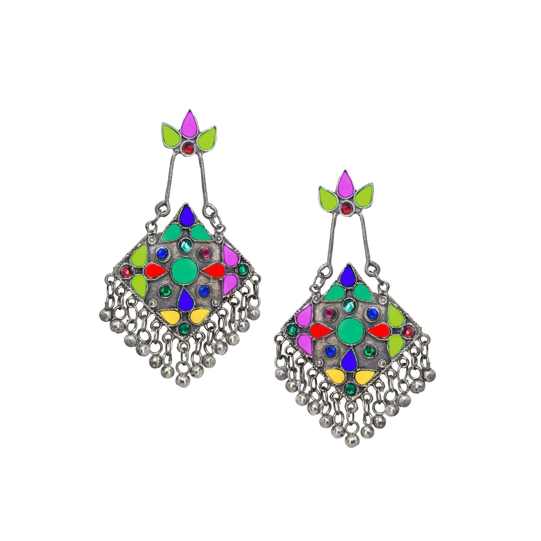 Abhinn Silver Oxidised Tribal Design Afghani Multi Colour Dangler Earrings For Women
