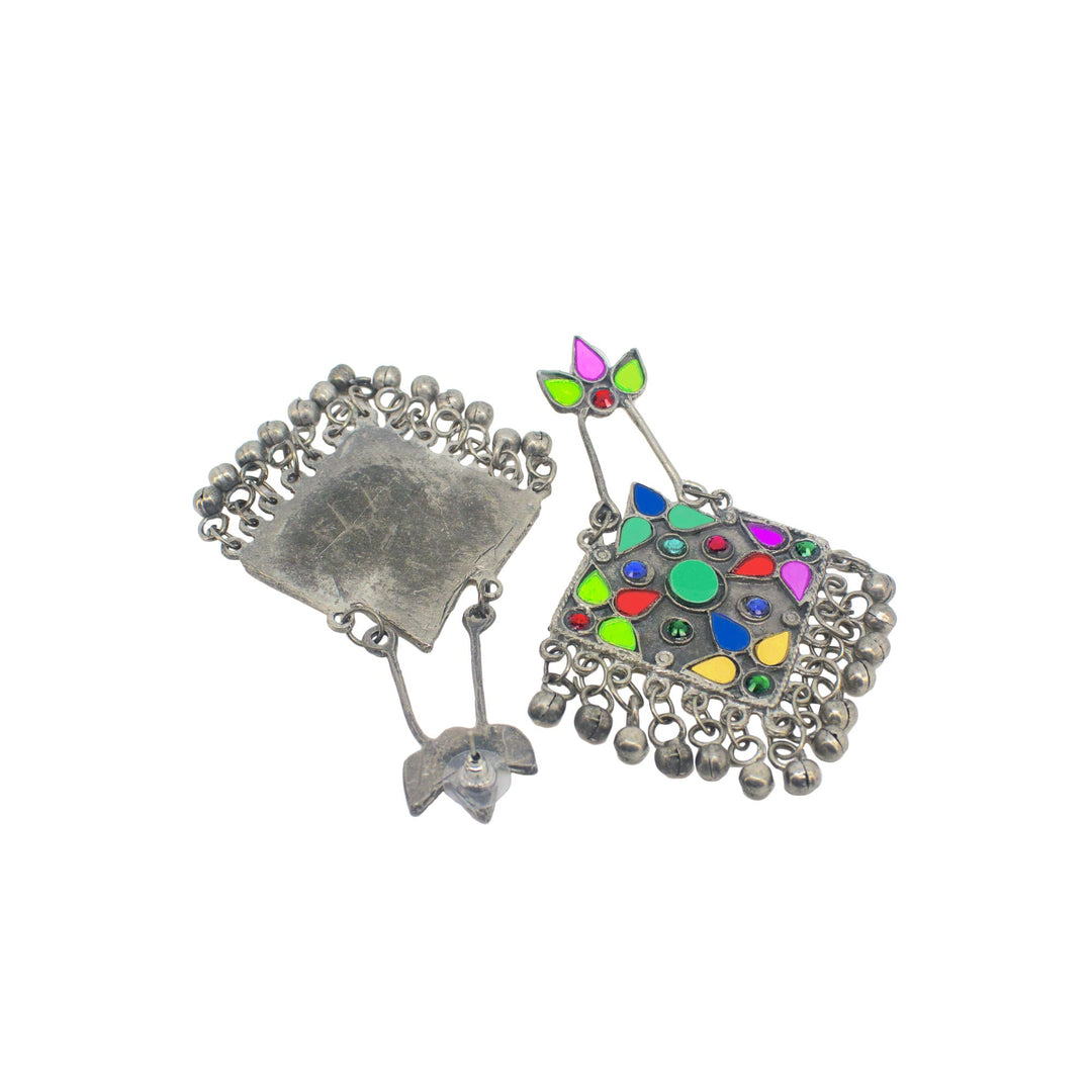 Abhinn Silver Oxidised Tribal Design Afghani Multi Colour Dangler Earrings For Women
