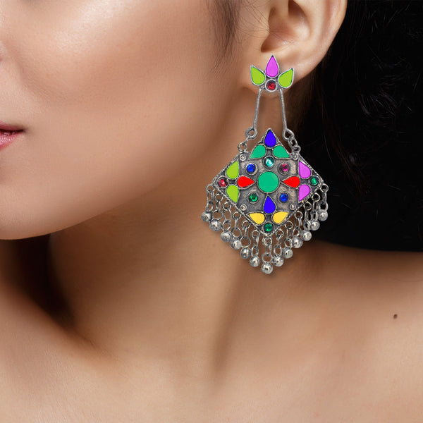 Abhinn Silver Oxidised Tribal Design Afghani Multi Colour Dangler Earrings For Women