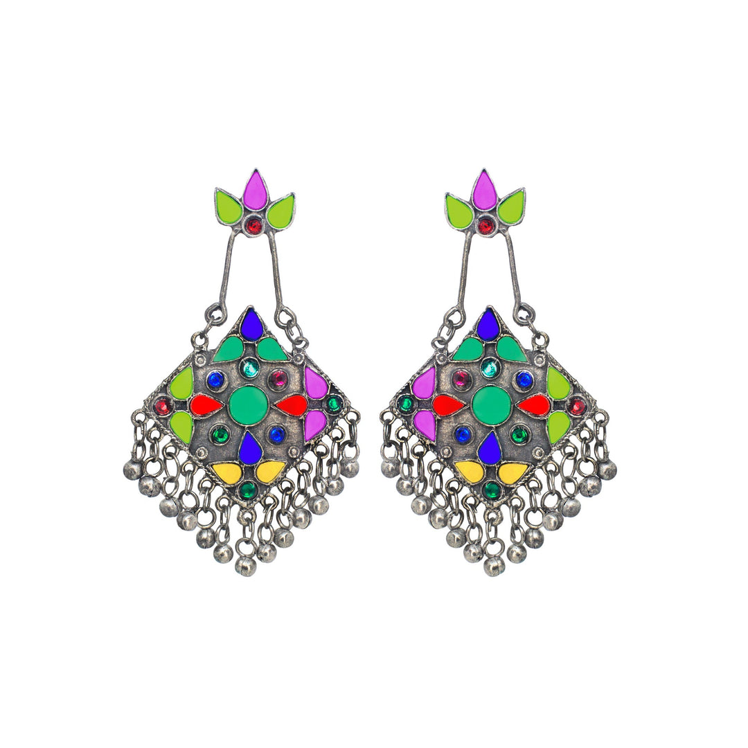 Abhinn Silver Oxidised Tribal Design Afghani Multi Colour Dangler Earrings For Women