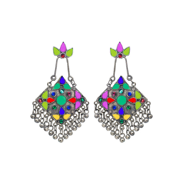 Abhinn Silver Oxidised Tribal Design Afghani Multi Colour Dangler Earrings For Women