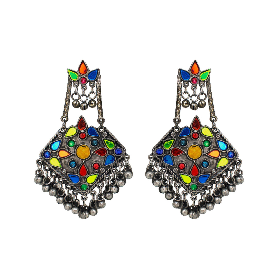 Abhinn Afghani Multi-Color Silver Oxidised Floral Design Dangler Earrings For Women