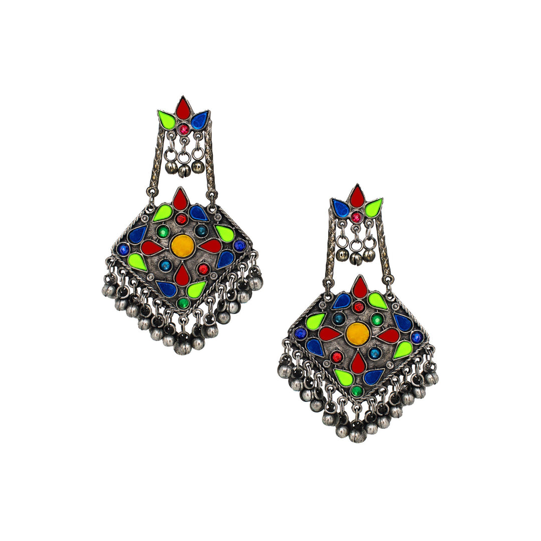 Abhinn Afghani Multi-Color Silver Oxidised Floral Design Dangler Earrings For Women