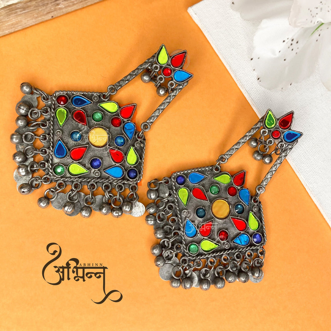 Abhinn Afghani Multi-Color Silver Oxidised Floral Design Dangler Earrings For Women
