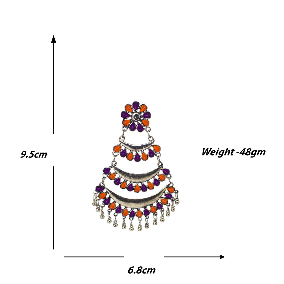 Abhinn Silver Oxidised Triple Layered Multi Colour Orange-Purple Dangler Earrings For Women
