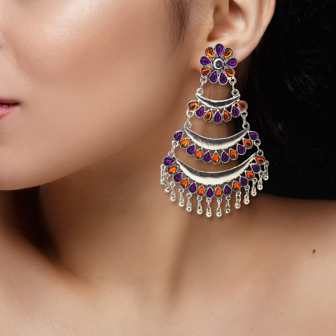 Abhinn Silver Oxidised Triple Layered Multi Colour Orange-Purple Dangler Earrings For Women