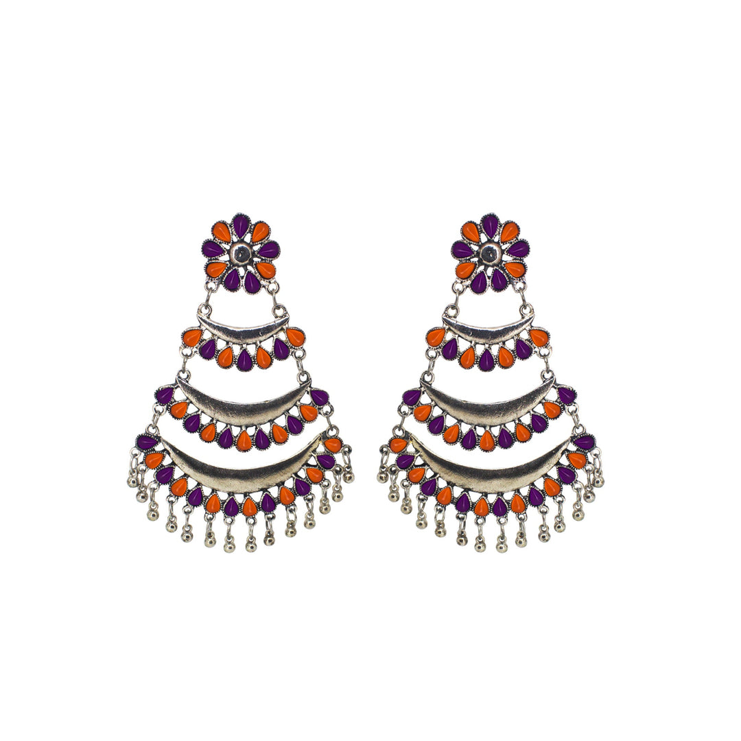 Abhinn Silver Oxidised Triple Layered Multi Colour Orange-Purple Dangler Earrings For Women