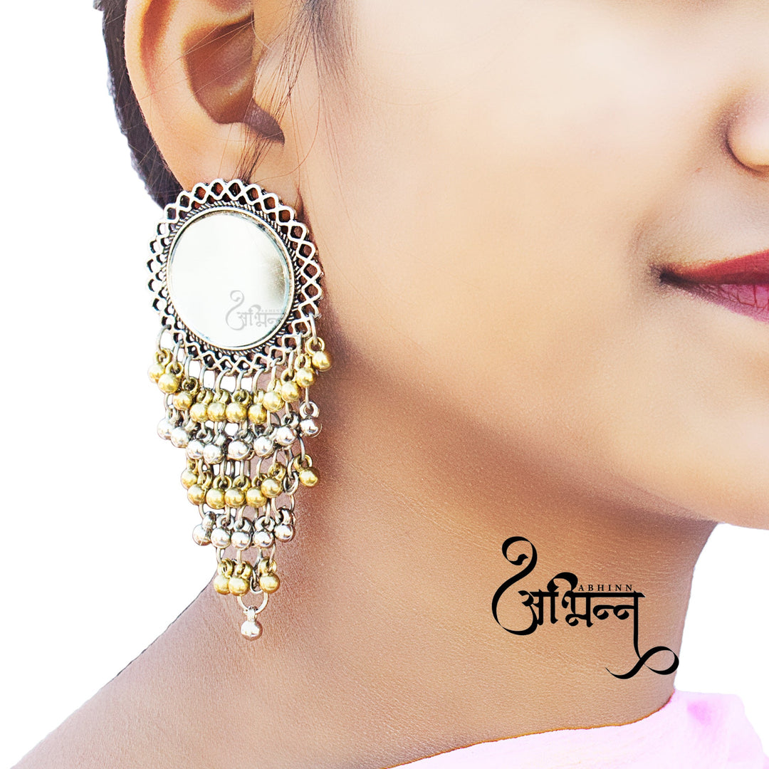 Abhinn Dual Tone Dangler With Mirror Stud Jhalar Earrings For Women