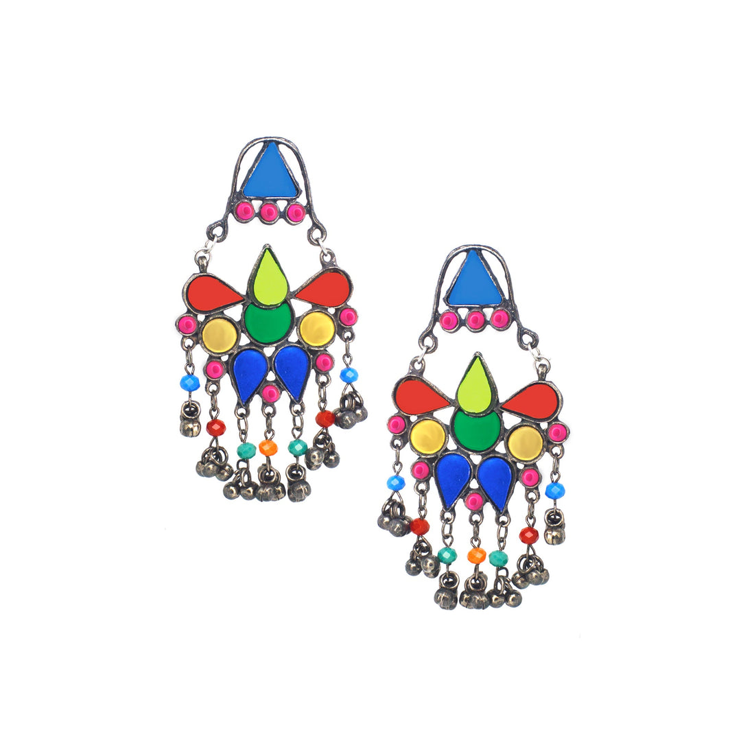Abhinn Afghani Silver Oxidised Tribal Design Multi Colour Dangler Earrings For Women