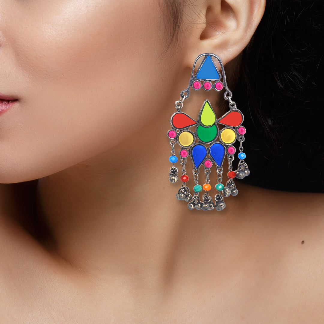 Abhinn Afghani Silver Oxidised Tribal Design Multi Colour Dangler Earrings For Women