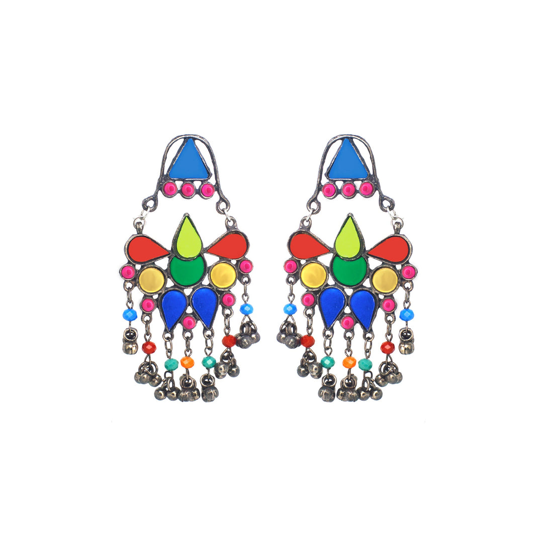 Abhinn Afghani Silver Oxidised Tribal Design Multi Colour Dangler Earrings For Women