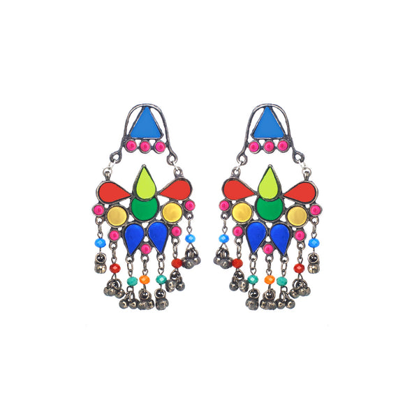Abhinn Afghani Silver Oxidised Tribal Design Multi Colour Dangler Earrings For Women