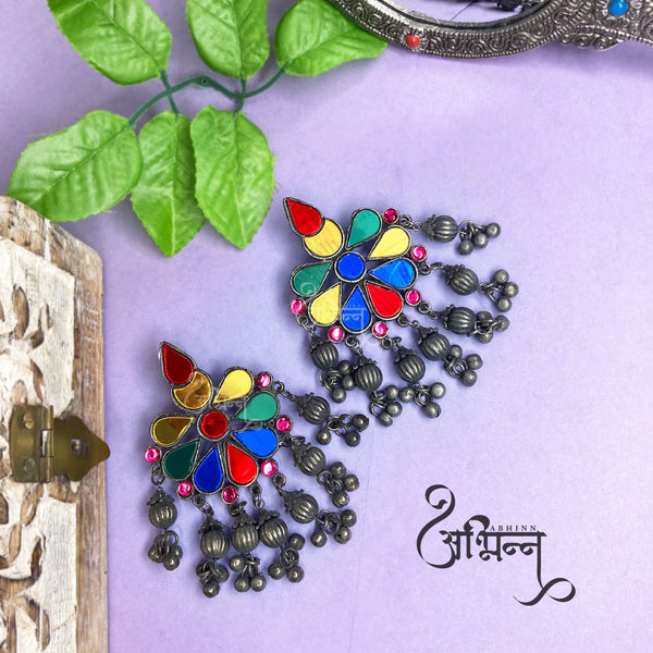 Abhinn Black Polished Tribal Look Floral Design Multi Colour Dangler Earrings For Women