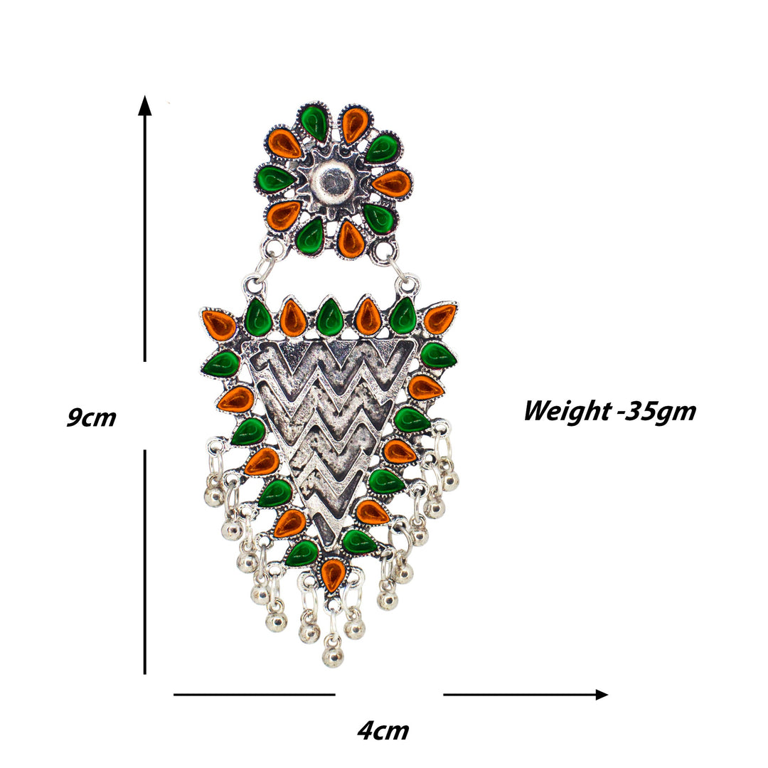 Abhinn Silver Oxidised Geometrical Design Orange-Green Dangler Earrings For Women