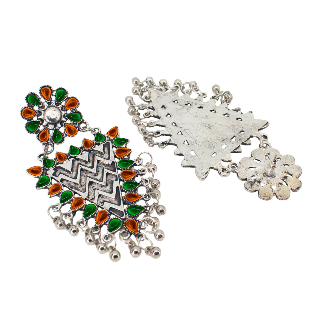 Abhinn Silver Oxidised Geometrical Design Orange-Green Dangler Earrings For Women