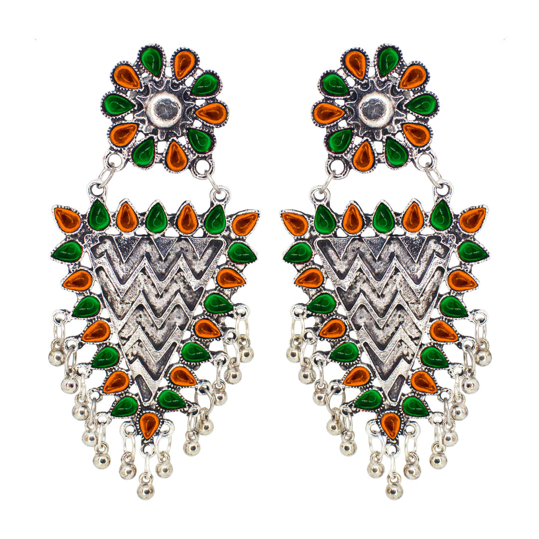 Abhinn Silver Oxidised Geometrical Design Orange-Green Dangler Earrings For Women