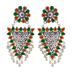 Load image into Gallery viewer, Abhinn Silver Oxidised Geometrical Design Orange-Green Dangler Earrings For Women
