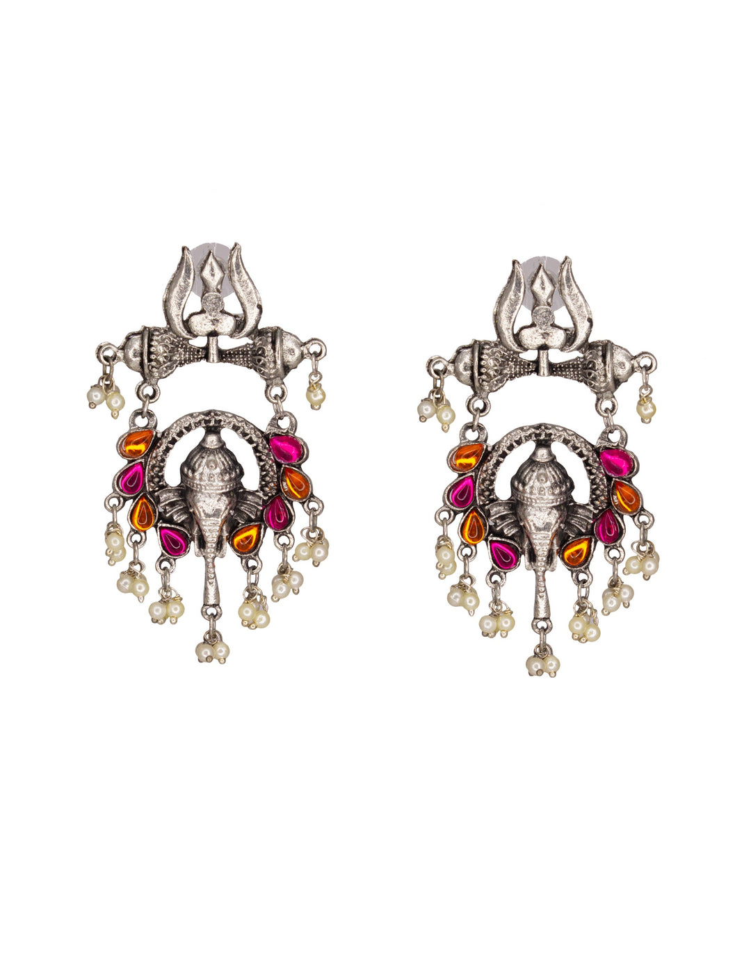 Abhinn Silver Oxidised Ganesha With Pink-Orange Kundan Stone Dangler Earrings For Women