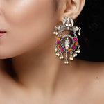 Load image into Gallery viewer, Abhinn Silver Oxidised Ganesha With Pink-Orange Kundan Stone Dangler Earrings For Women
